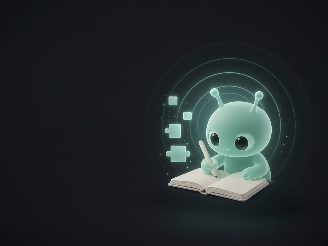 Ein kleines Alien, das Hangul in ein Heft schreibt